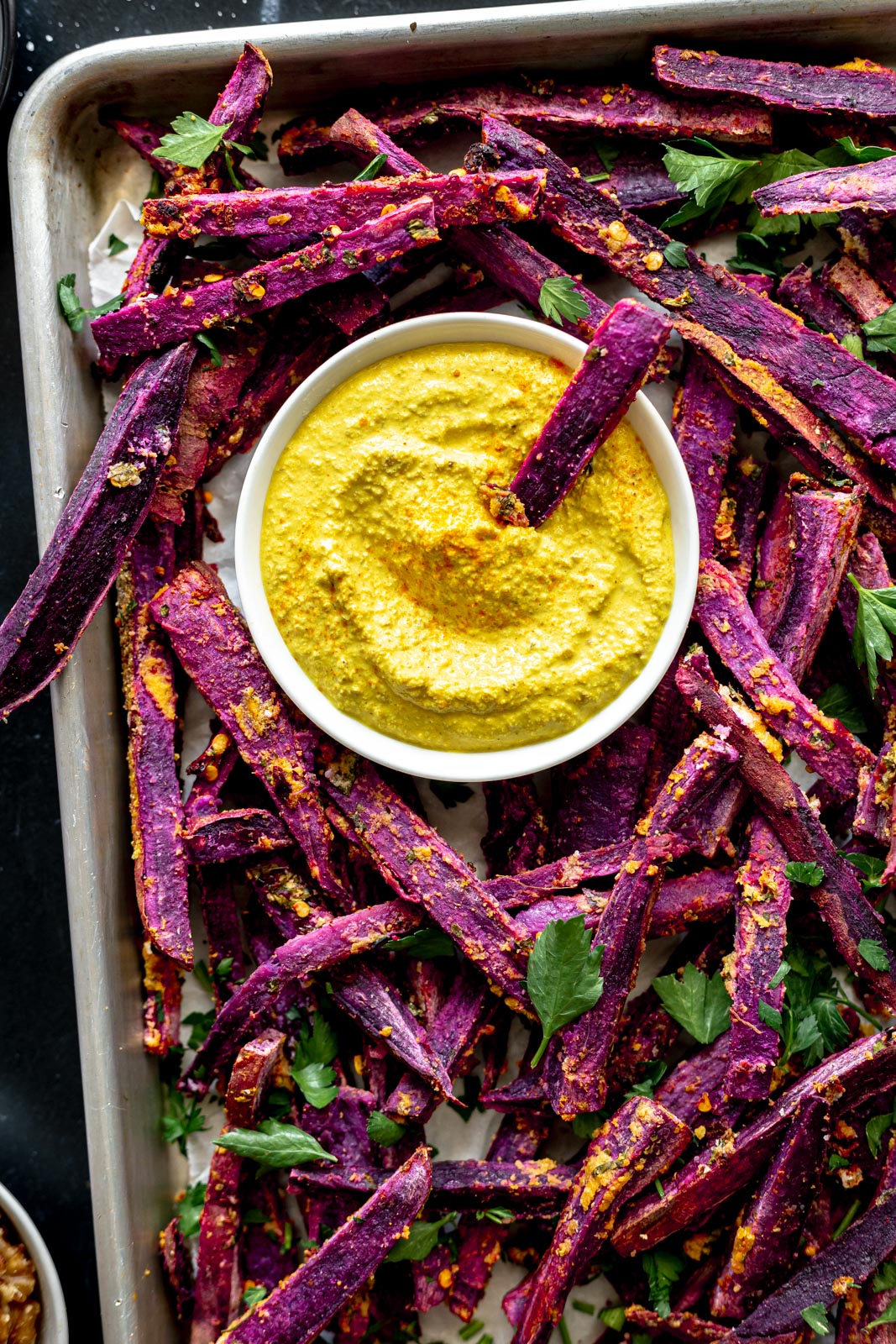 OilFree Purple Sweet Potato Fries with Walnut Turmeric Aioli